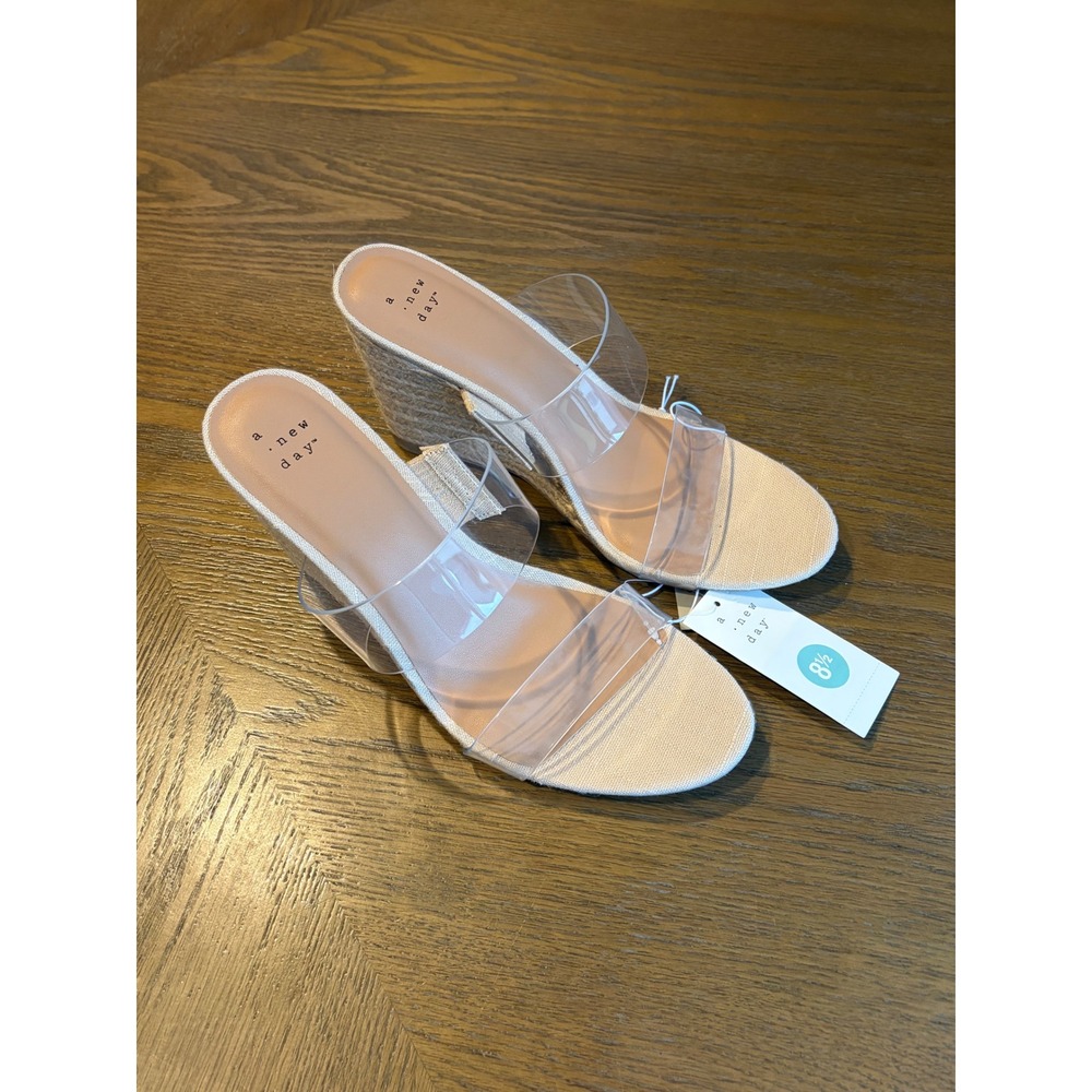A New Day Ansel Tan Clear Double Strap Espadrille Wedge Sandals 8.5 NEW